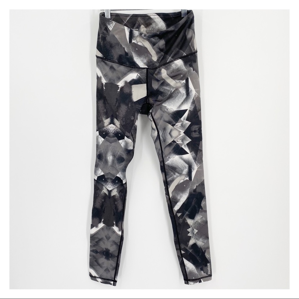 Reebok Spandex Polyester Spandex Leggings Black White & Gray Pattern Size S